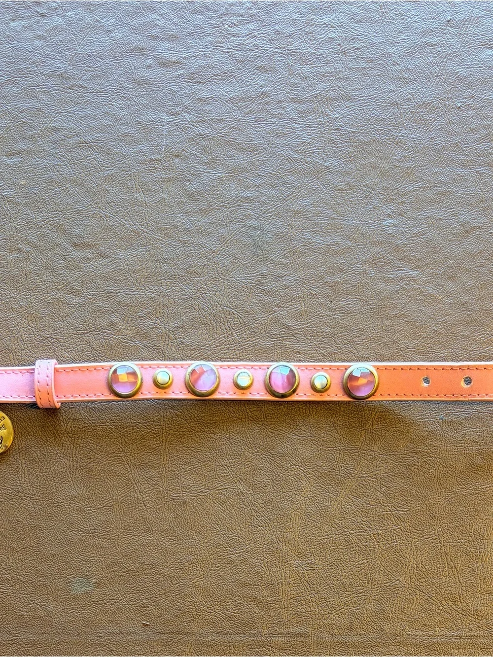 Pink Leather Gems Collar with Genuine Gemstones Crystals Jewels Brass Hardware